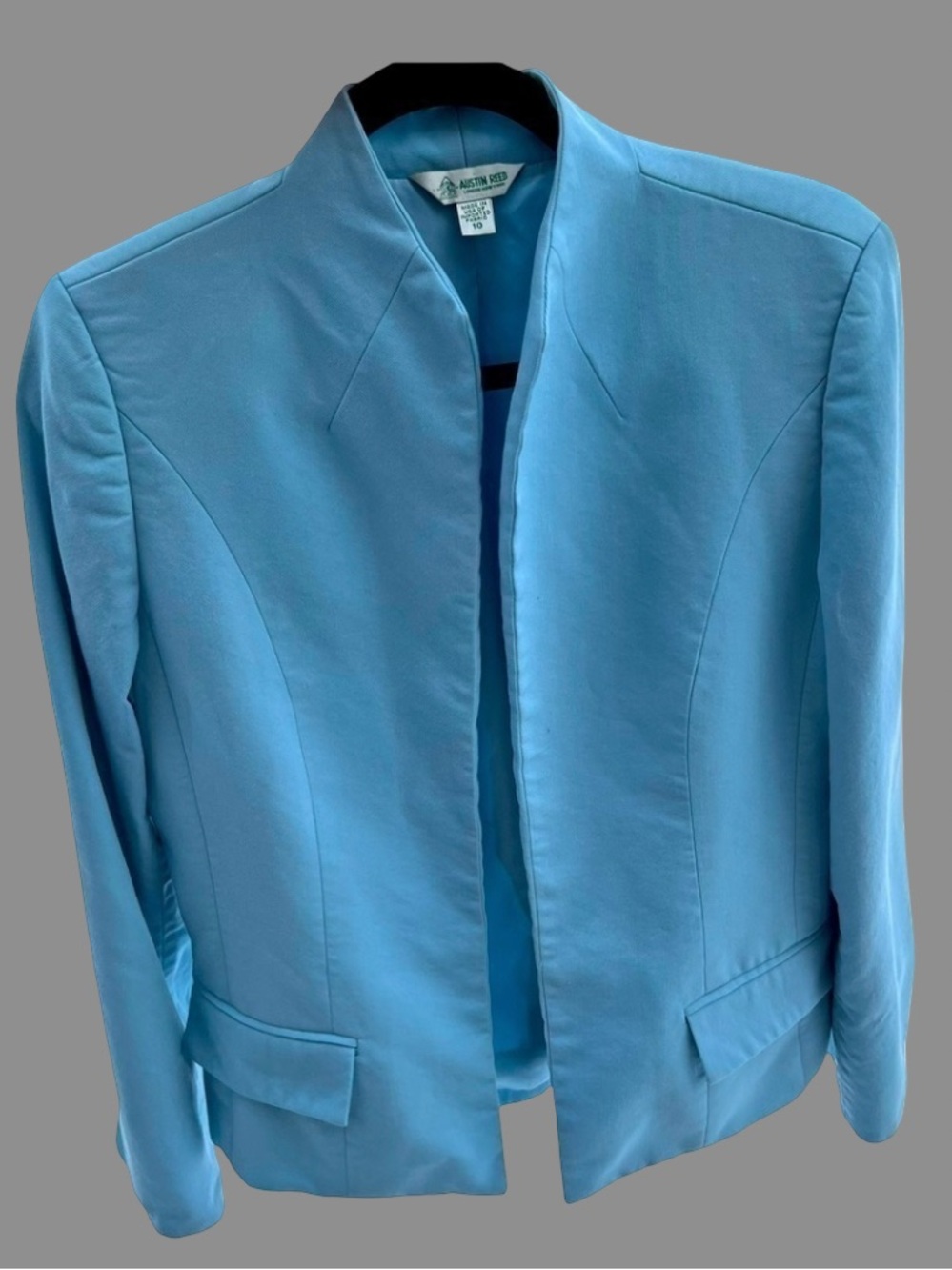 AUSTIN REED SKY BLUE OPEN FROMS STAND UP COLLAR WORSTED WOOL BLAZER SIZE 10